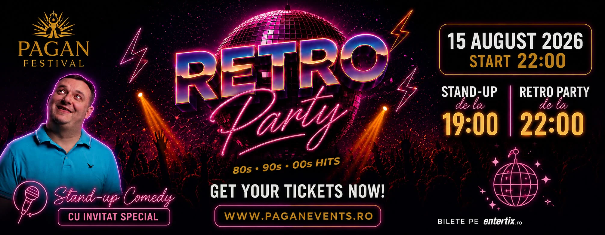 Retro Party PAGAN Festival cu Nicu Bendea, stand-up de la 19:00 și party de la 22:00, 15 august 2026